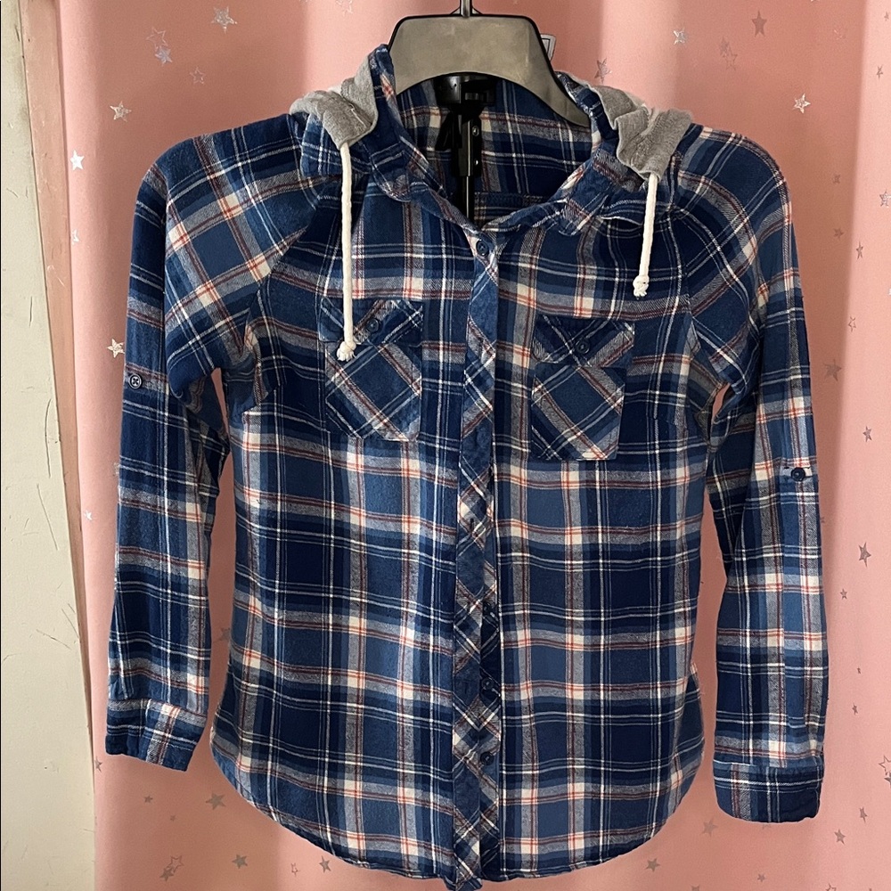 Polly & Esther Navy Plaid Button-Down Shirt with Hood